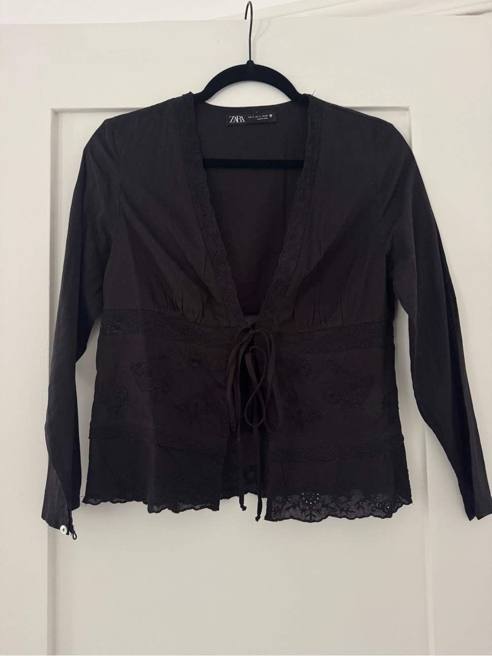 Zara Black Lace-Trim Tie-Front Blouse